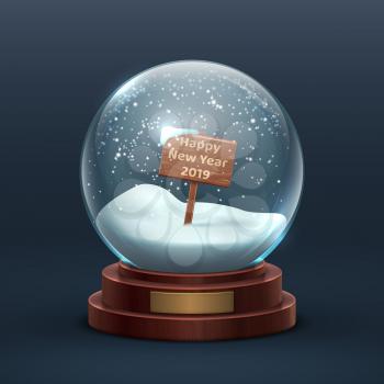Snow globe. Christmas holiday glass snowglobe with wooden sign and happy new year text. Isolated vector illustration. Snowglobe and sphere ball with snowflake