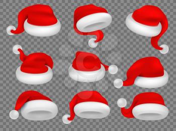 Christmas santa claus hats. Winter xmas holiday headwear. Red plush santa caps realistic vector isolated set. Hat claus, santa clothing costume illustration