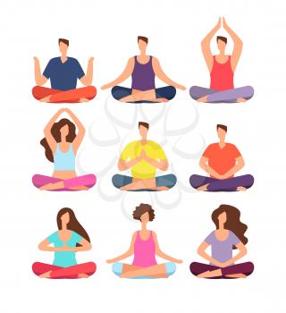 Meditation people. Woman and man meditating in group in yoga or pilates class. Isolated characters vector set. Illustration of people exercise meditation, fitness health