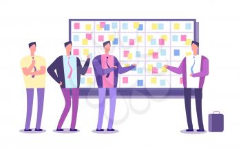 Scrum planning board. Employees planning work at taskboard. Business process leaning and meeting vector concept. Team work meeting, process methodology teamwork illustration