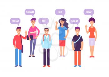 Foreign language concept. Students greeting in english french german japanese. Language class and foreign languages vector background. Education translation phrase, student say hello illustration