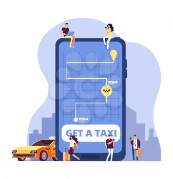 Mobile taxi. Online taxi service and payment with smartphone app. People ordering taxi at huge cell phone. Vector concept online taxi transportation, app mobile service illustration