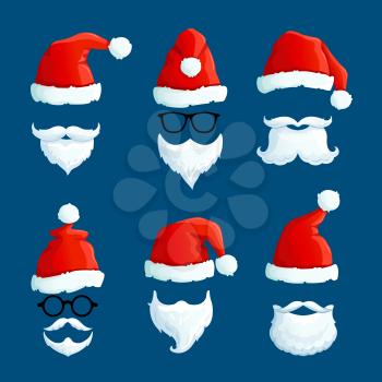 Santa hats with moustache and beards. Cartoon santa front wearing. Winter clothes isolated vector set. Illustration of claus hat red, santa christmas