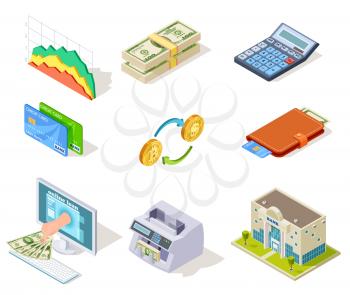 Bank isometric icons. Internet banking, money and checkbook, loans and cash currency, credit card business finance vector 3d symbols. Web banking icon, money isometric finance illustration