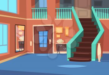 Cartoon hallway. House entrance interior with stairs and mirror. Cartoon indoor vector background. Hallway interior, home apartment with window illustration