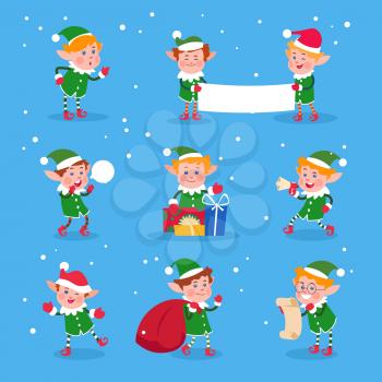 Christmas elf. Baby elves santa claus helpers. Funny winter dwarf vector characters. Illustration of funny character boy, cartoon costume gnome