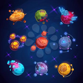 Fantasy cartoon planet. Fantastic alien planets. Space world game vector elements. Galaxy space fantastic planet for gui illustration