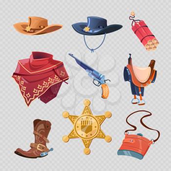 Stylish cowboy or western sheriff clothers and accessorises isolated on transparent background. Vector illustration