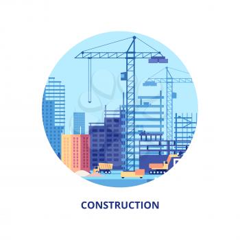 Building house. Work process of buildings construction and machinery banner template. Construction work architecture, digger on site illustration