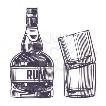 Hand drawn rum and two glasses vector isolated on white background illustration