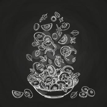 Hand drawn salad isolated on chalkboard background. Sketches healthy food bowl with tomatoes, ollives, greens illustration