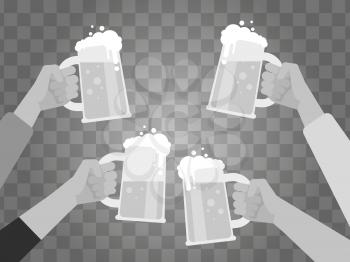 Hands holding beer glasses isolated on transparent background. Vector cheerful people clinking illustration