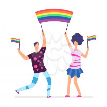 Lgbt parade. People holding rainbow flags. Man and woman vector character isolated on white illustration