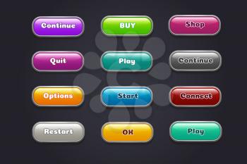 Cartoon buttons. Colorful video game ui elements. Restart and continue, start and play button set. Illustration of game web, gui button for menu