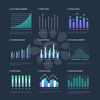 Infographic elements. Data visualization graphs, business workflow processes. Presentation charts and diagrams. Vector graphics and diagram, business graph and chart information illustration