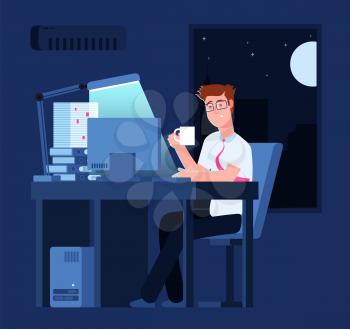 Work late concept. Man at night in office with pile of paper and laptop. Business vector background. Illustration of business man in office