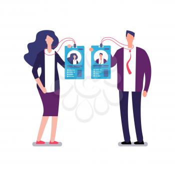 Showing badge. Security access identification pass card. Businessman and businesswoman in business suit show id badges. Vector concept identification employee, photo user woman and man