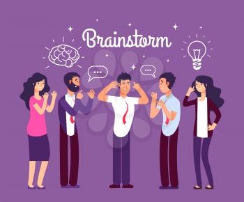 Brainstorming people. Man and woman talking and thinking. Team generates creative idea. Business meeting vector concept. Illustration of business team meeting, office group teamwork communication
