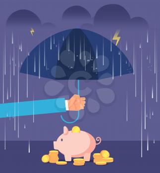 Deposit protection concept. Hand with umbrella protecting piggy bank from rain and storm. Deposit insurance vector business background. Protection finance money, bank business protect illustration