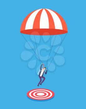 Businessman with parachute aiming on target. Risky business, success and focus vector concept. Business risk, businessman with parachute illustration