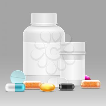Medicine vector illustration with realistic plastic bottles for pills and drugs, vitamins, pills. Plastic bottle and vitamin, medicine blank container for medicament