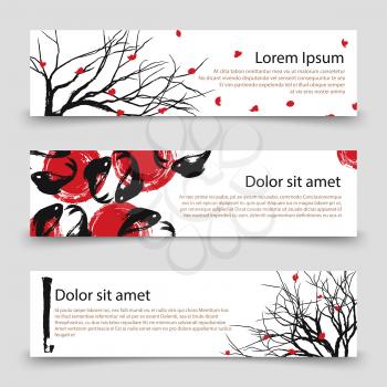 Japanese banner or poster templates. Asian banners with vector sakura and fishes illustration
