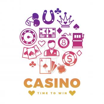 Casino label design with colorful icons round concept. Gambling play, gaming and winning, vector illustration