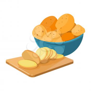 Cartoon potato bowl and cutting board with potato slices vector isolated on white background illustration