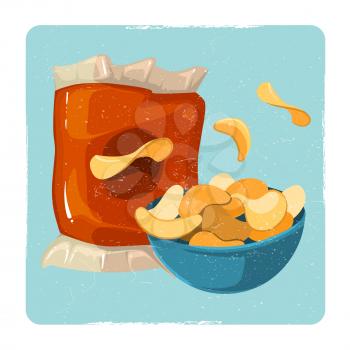 Grunge snack vector illustration. Vintage card with chips cartton style