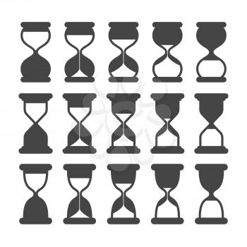 Sand clock or timer silhouette symbols. Retro hourglass, expired black vector icons isolated. Illustration of hourglass black white