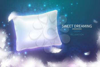 Sweet dreaming concept with 3d realistic white pillow. Soft comfortable cushion for good relaxation. Ad vector background. Illustration of comfortable rest on pillow