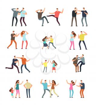 School boys fighting, aggressive kids pushing and kicking each other cartoon vector characters isolated. Fight boy angry, bully in school, character teenager hitting illustration