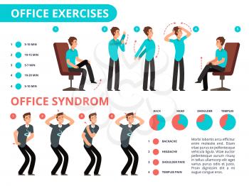 Employee doing office exercises desk. Medical vector diagram with cartoon people. Infographic syndrome office work, shoulder and headache illustration