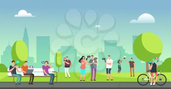 Young people using smartphones and tablets walking outdoors in park. Mobile internet addiction vector concept. Smartphone use in green park, chatting gadget illustration