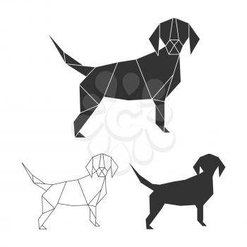 Vector origami dog set. Line, silhouette and polygonal dog logo design isolated on white illustration