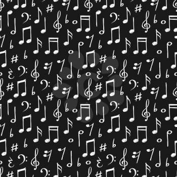 Chalk music notes and signs seamless pattern. Hand drawn music background black white, vector illustration