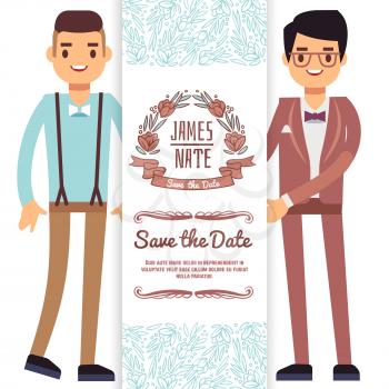 Gay wedding banner, flyer or poster template with cartoon character fiances