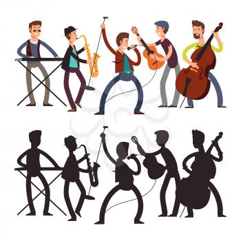 Male pop music band playing music. Vector illustration of cartoon character and silhouette musicians isolated on white background