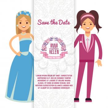 Vintage gay LGBT wedding flyer, poster, banner template with cartoon character brides. Vector illustration