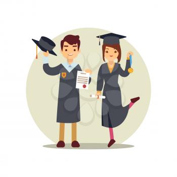 Girl and boy graduates cartoon character. Finish education school, university or college. Vector illustration