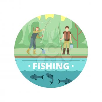 Outdoor summer activities. Fishing people with fish and equipment vector emblem icon isolated on white illustration