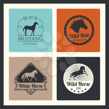 Retro racing horse, running mare vector logos. Cafe and bar emblem with pony and horse illustration