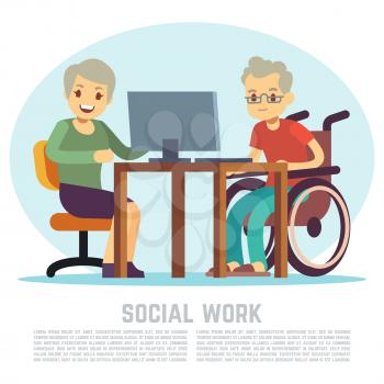 Social work vector concept. Disabled man in wheelchair learns computer with woman illustration