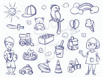 Sketch of kids dreams. Hand drawn girl, boy, toys on notebook page. Vector illustration
