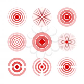 Pain red rings to mark painful woman and man body parts, neck, bones, muscle and headache. Medical vector set of radial target medical problem illustration