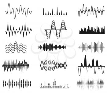 Sound amplitude waves. Radio signal symbols. Audio music equalizer, voice wave vector set isolated. Voice digital electronic equalizer, frequency soundwave illustration