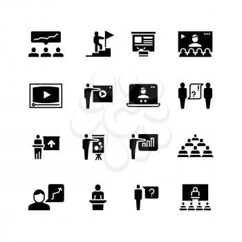Presentation business event symbols. Training video conference icons. Students class with speaker pictograms vector set. Video meeting, team discussion, teamwork and seminar, vector illustration
