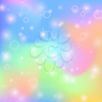 Fairy princess rainbow cute background with magic stars and pearlescent texture. Multicolor fantasy abstract vector holographic screen in fairytale fantasy style, futuristic gradient illustration