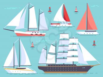 Transportation sailboats, yacht, sailing cruise ship. Sea and ocean vessel isolated vector set. Illustration collection of boat and yacht, vessel transport