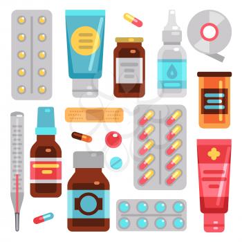 Medicine pharmacy drugs, pills, medicament bottles and medical equipment vector flat icons. Drug and vitamin, equipment for health, bottle medical illustration